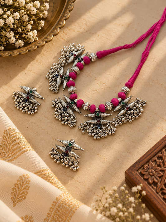 German Silver Pink Thread Tribal Necklace & Earrings Set