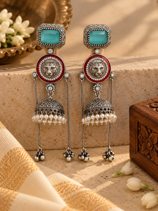 Sabyasachi-Inspired German Silver Tiger Long Jhumka Earrings