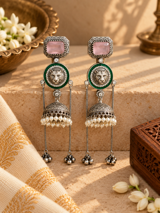Sabyasachi-Inspired German Silver Pink & Green Tiger Long Jhumka Earrings