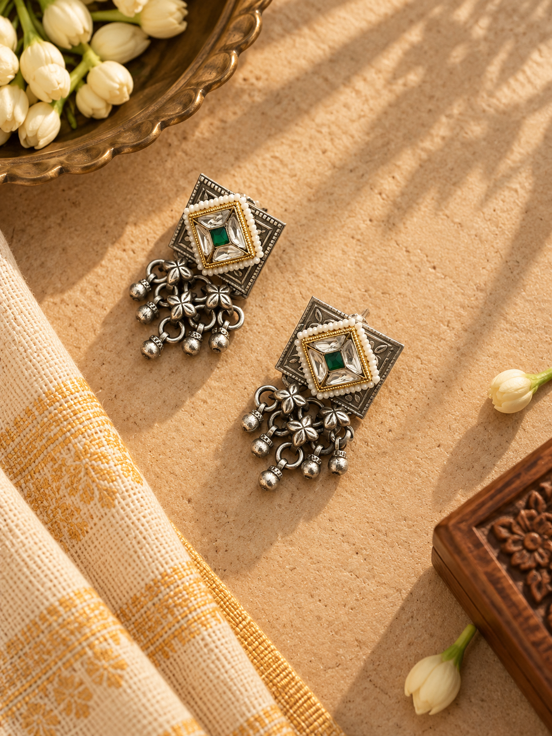 German Silver Green Kundan Square Drop Earrings