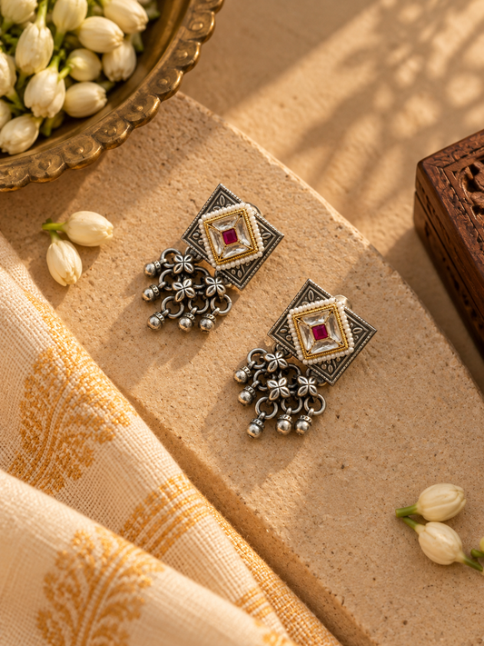 German Silver Pink Kundan Square Drop Earrings