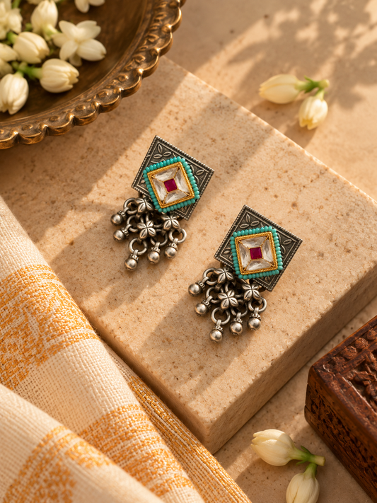 German Silver Turquoise & Pink Kundan Square Earrings