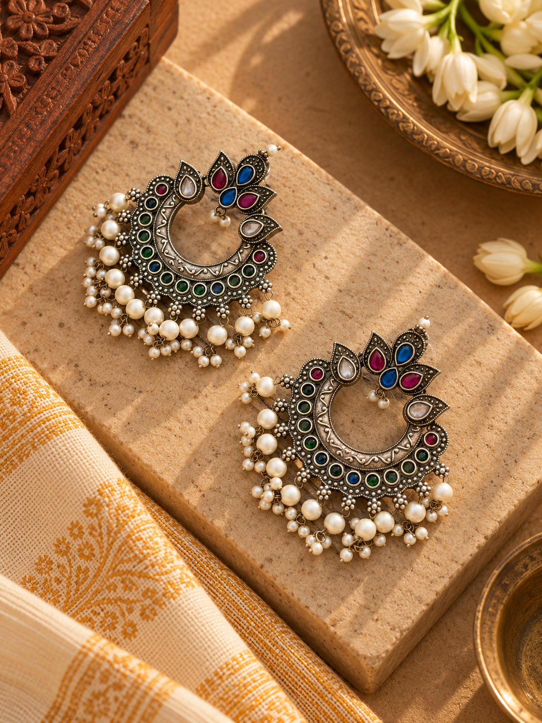 German Silver Pink & Blue Chandbali Earrings