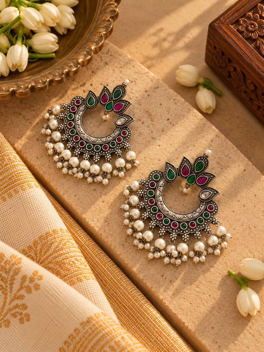 German Silver Pink & Green Chandbali Earrings