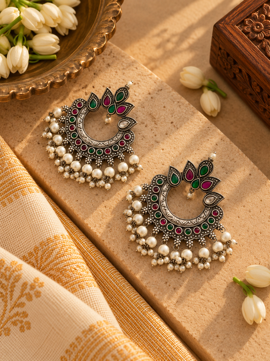 German Silver Pink & Green Chandbali Earrings