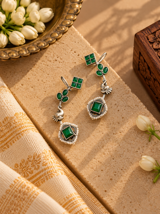 German Silver Green Stone Peacock Ear Cuff Earrings