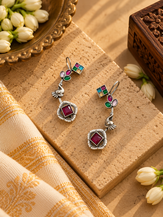 German Silver Multi Color Stone Peacock Ear Cuff Earrings