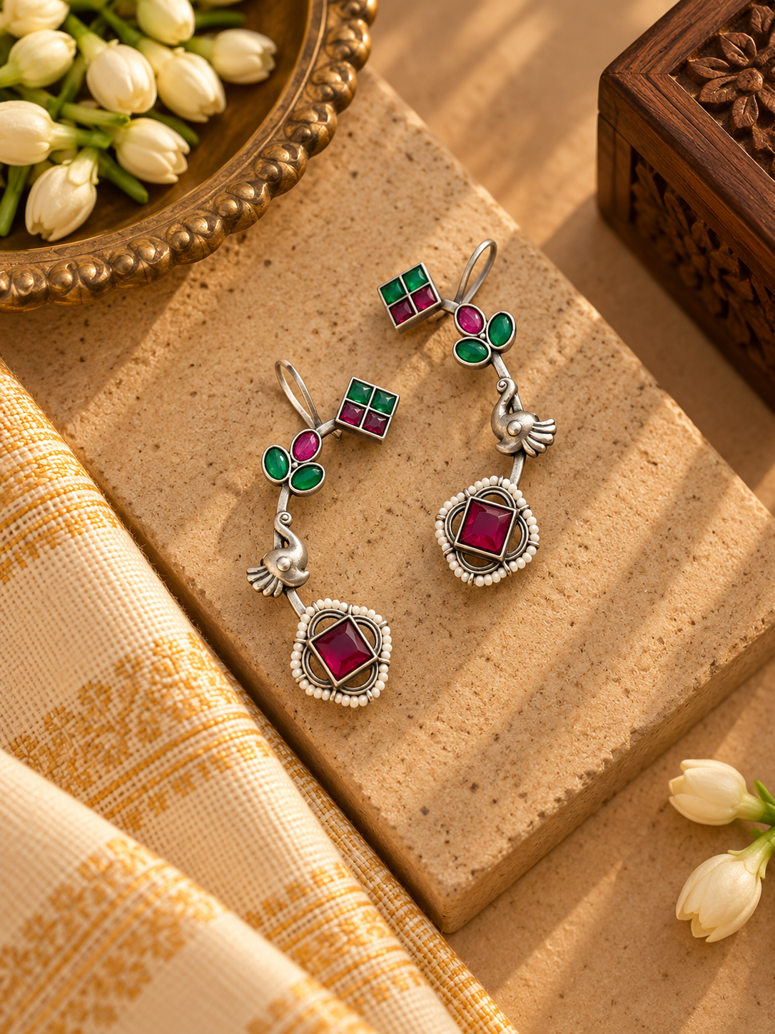 German Silver Pink GreenStone Peacock Ear Cuff Earrings