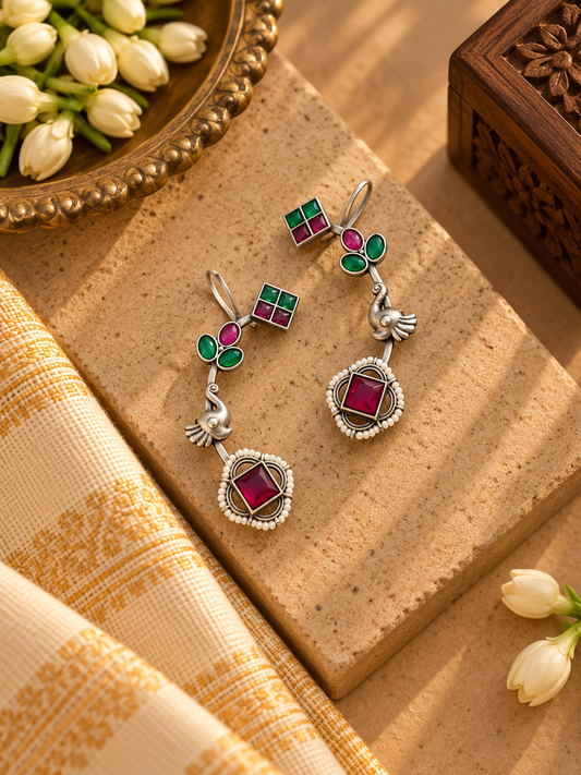 German Silver Pink GreenStone Peacock Ear Cuff Earrings