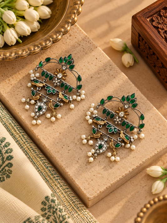 German Silver Green Leaf Peacock Ear Cuff Earrings