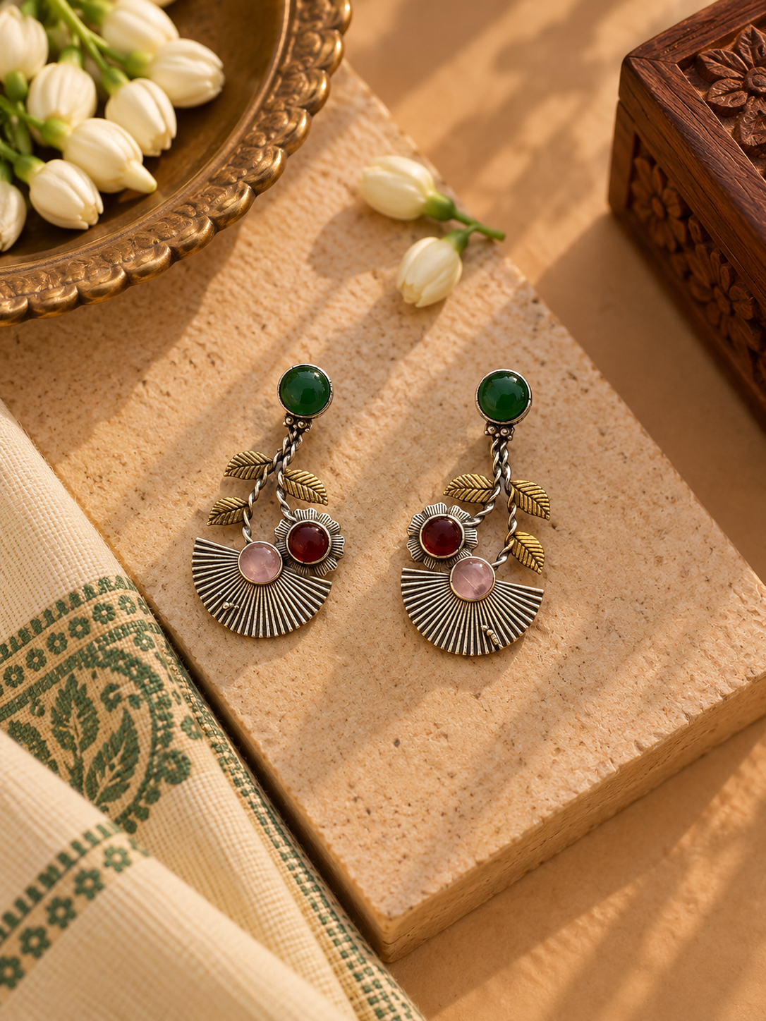 Dual-Tone German Silver Multicolour Floral Fan Drop Earrings