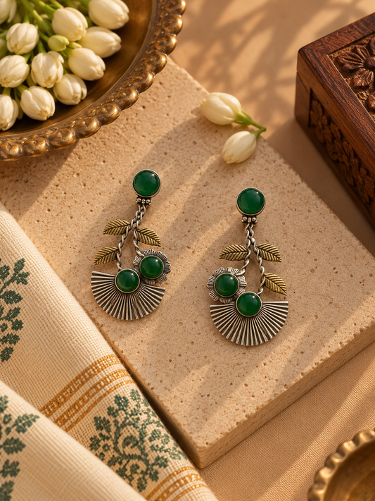 Dual-Tone German Silver Green Stone Floral Fan Drop Earrings