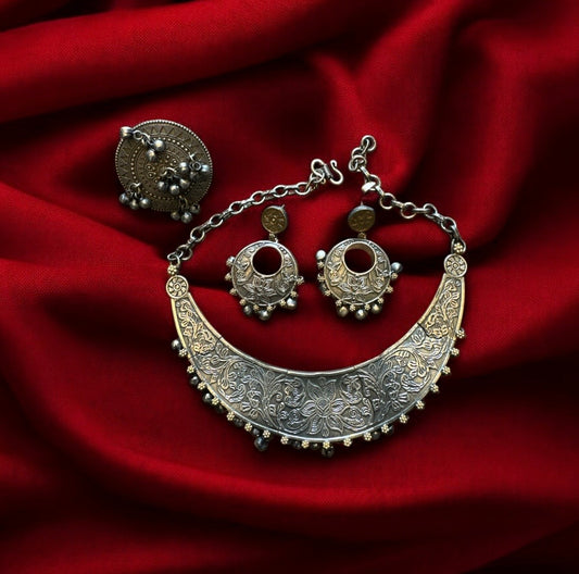 Navratri 2025 Day 2 Combo: Boho Chic Oxidised Hasli & Beaded Ring Set