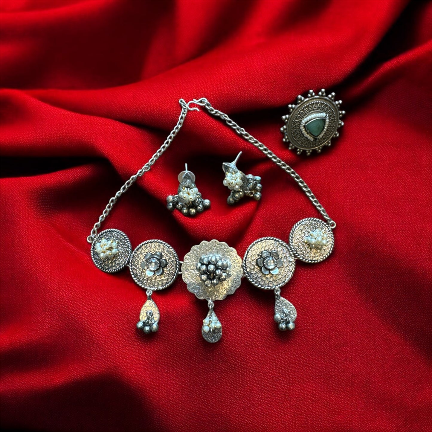 Navratri 2025 Day 1 Combo: Divine Beginnings German Silver Choker & Kundan Ring Set