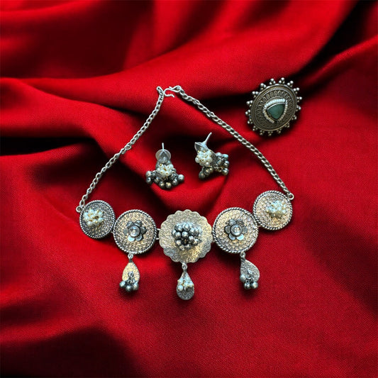 Navratri 2025 Day 1 Combo: Divine Beginnings German Silver Choker & Kundan Ring Set