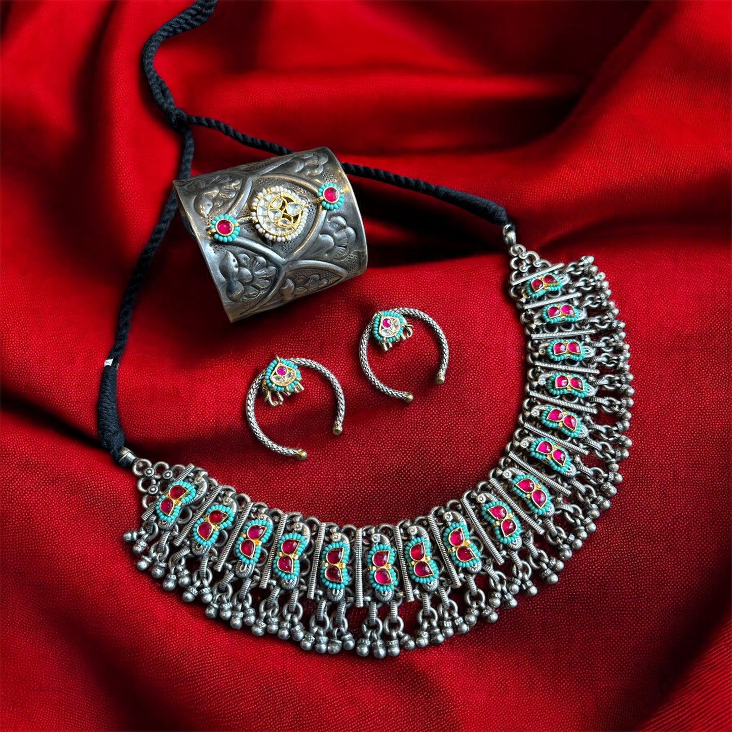 Navratri 2025 Day 8 Combo: Regal Fusion Kundan Cuff, Turquoise Choker & Elephant Studs Set