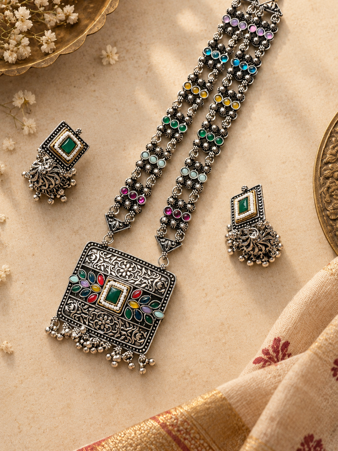 Oxidised Multicolour Rectangular Pendant Necklace & Jhumka Set