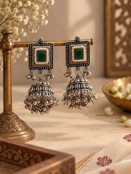 Oxidised Multicolour Rectangular Pendant Necklace & Jhumka Set