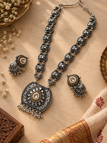 Oxidised White Kundan Long Necklace & Jhumka Set