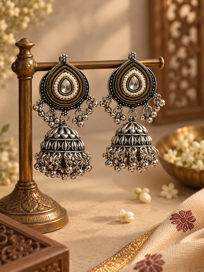 Oxidised White Kundan Long Necklace & Jhumka Set