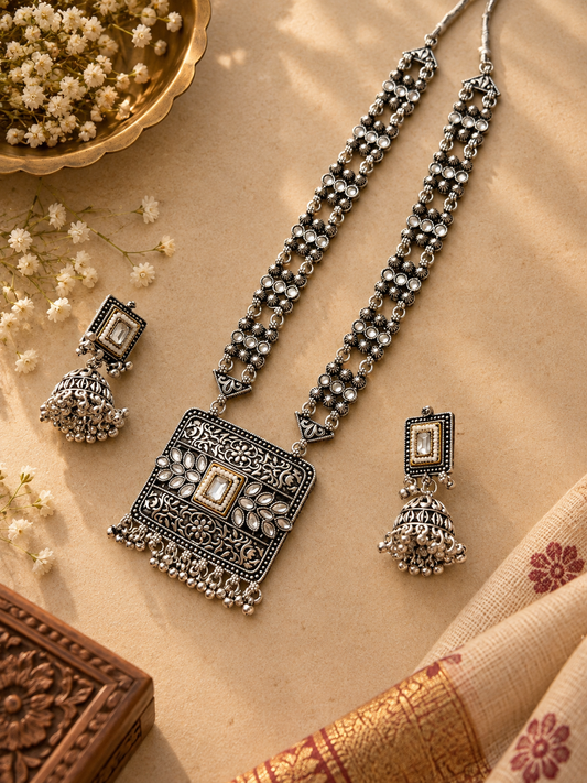 Oxidised White Kundan Rectangular White Pendant Necklace & Jhumka Set