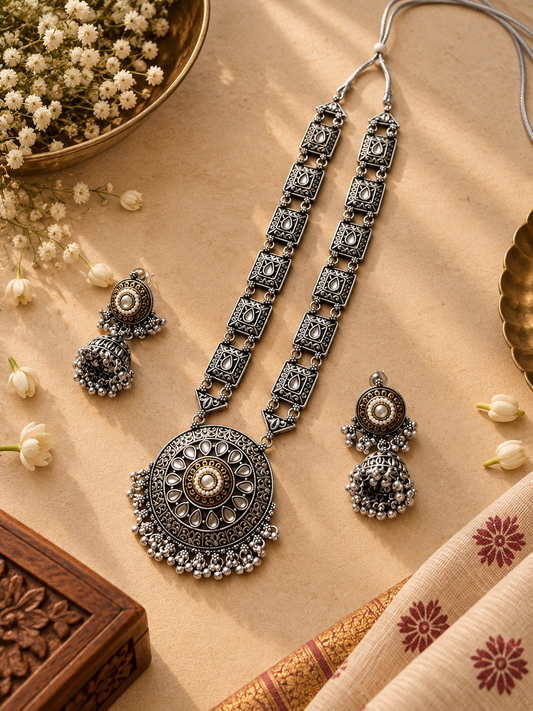 Oxidised White Kundan Stone Round Pendant Necklace & Jhumka Set