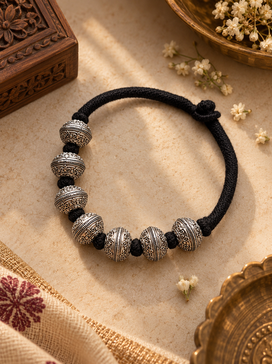 Oxidised Seven-Bead Black Thread Necklace