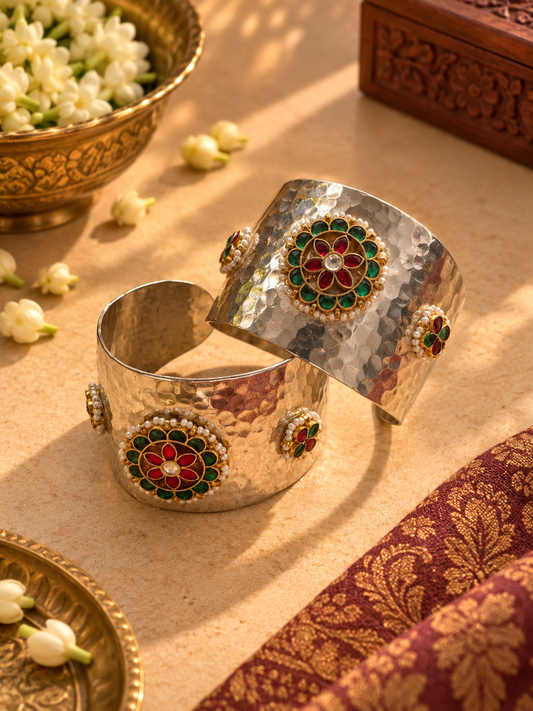 German Silver Pink & Green Pachi Kundan Wide Cuff Kada Pair