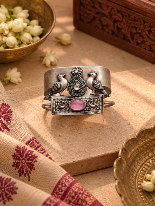 Oxidised Pink & Green Peacock Cuff Kada Bracelet Single Piece