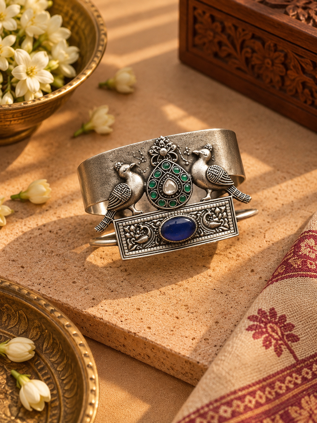Oxidised Blue & Green Peacock Cuff Kada Bracelet Single Piece