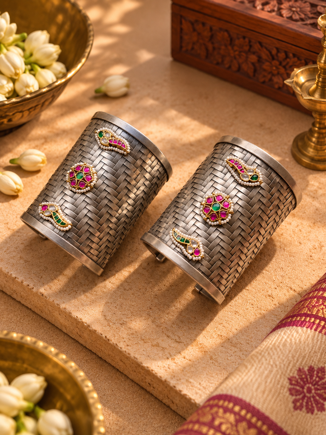 High-Quality German Silver Pink Green Kundan Wide Cuff Kada Pair