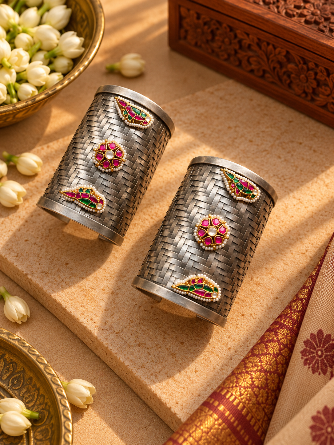 High-Quality German Silver Pink Pachi Kundan Wide Cuff Kada Pair