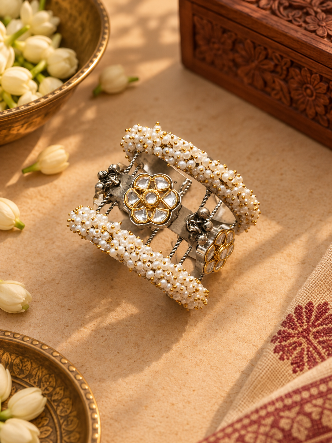 German Silver Pearl Kundan Floral Kada – Single Piece