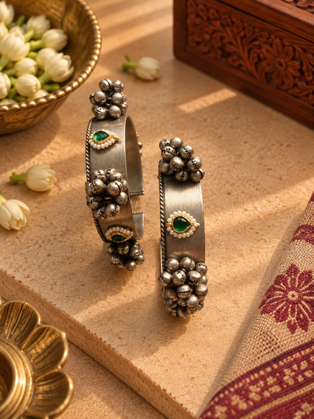 German Silver Ghungroo Kada Bangles with Green Stone – Pair