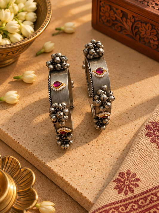 German Silver Ghungroo Kada Bangles with Pinl Stone – Pair