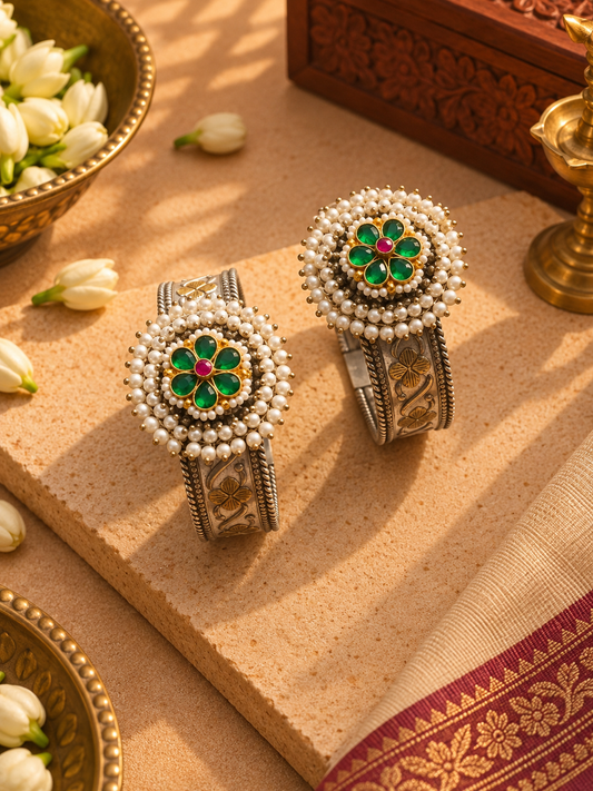 Green Stone & Pearl Dual-Tone German Silver Kada Bangles – Pair
