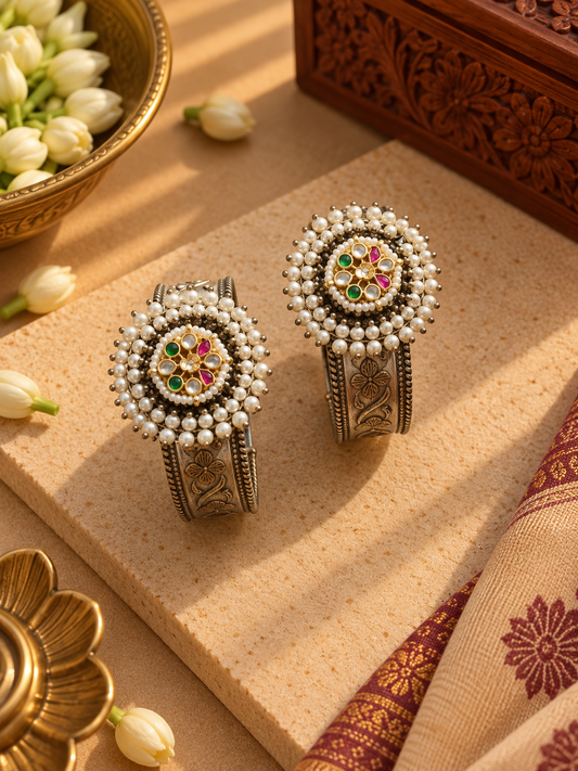 Green Pink Stone & Pearl Dual-Tone German Silver Kada Bangles – Pair
