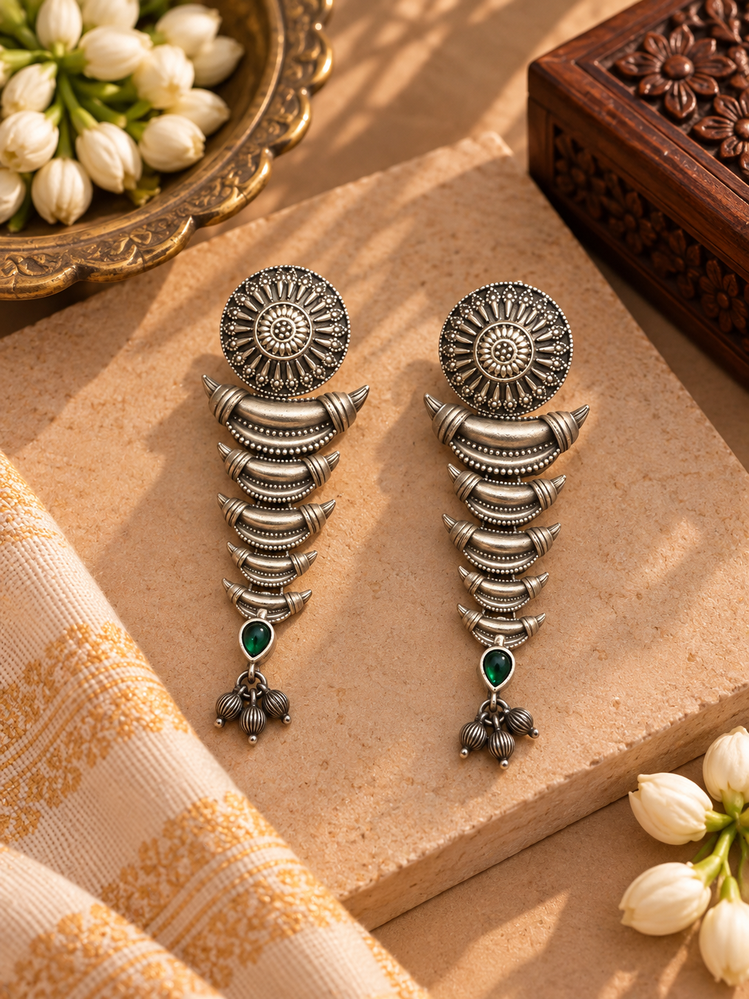 Oxidised German Silver Green Stone Long Earrings