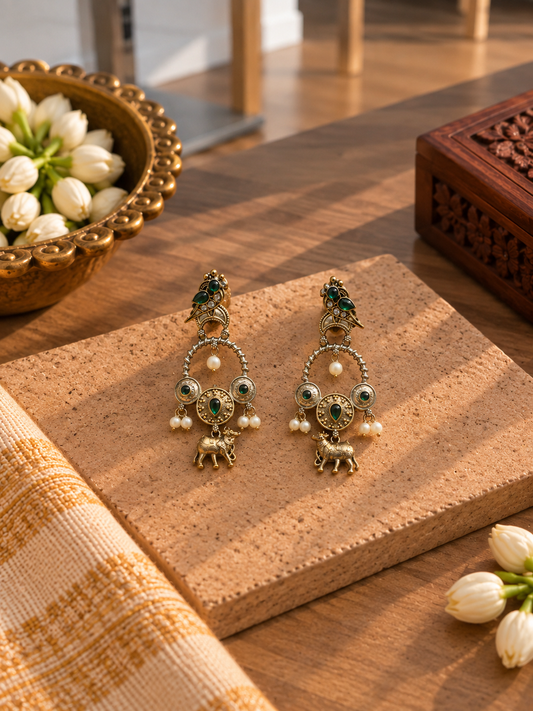Dual-Tone Diamond & Green Stone German Silver Elephant Earrings