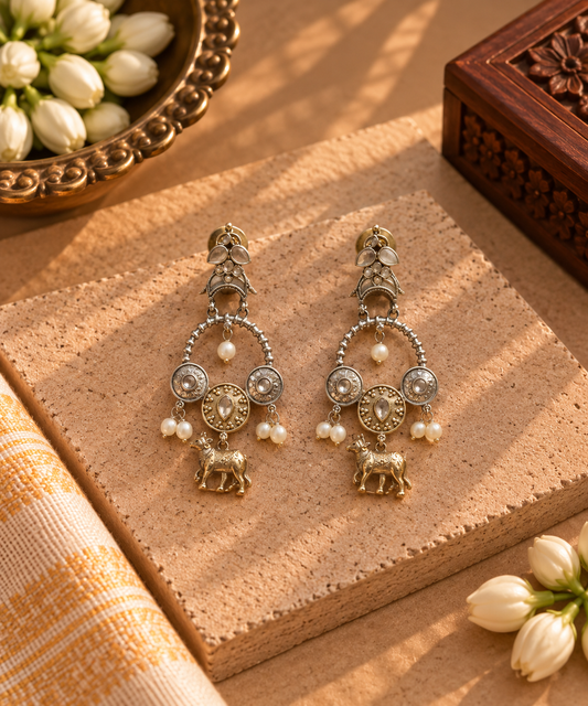 Dual-Tone Diamond & Pearl German Silver Nandi Earrings