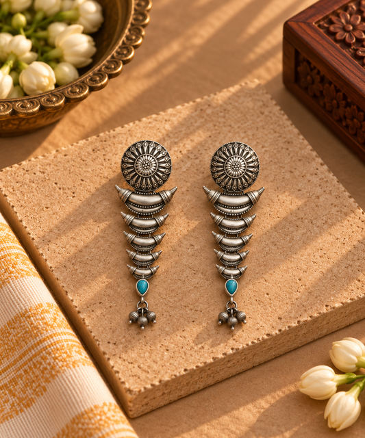 Oxidised German Silver Turquoise Blue Stone Long Earrings