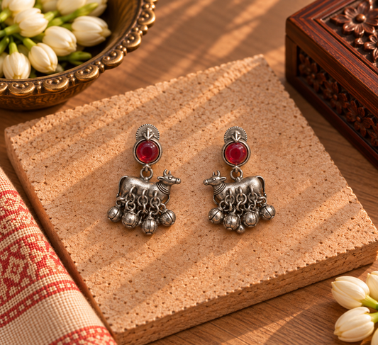 Oxidised German Silver Red Stone Nandi Ghungroo Earrings