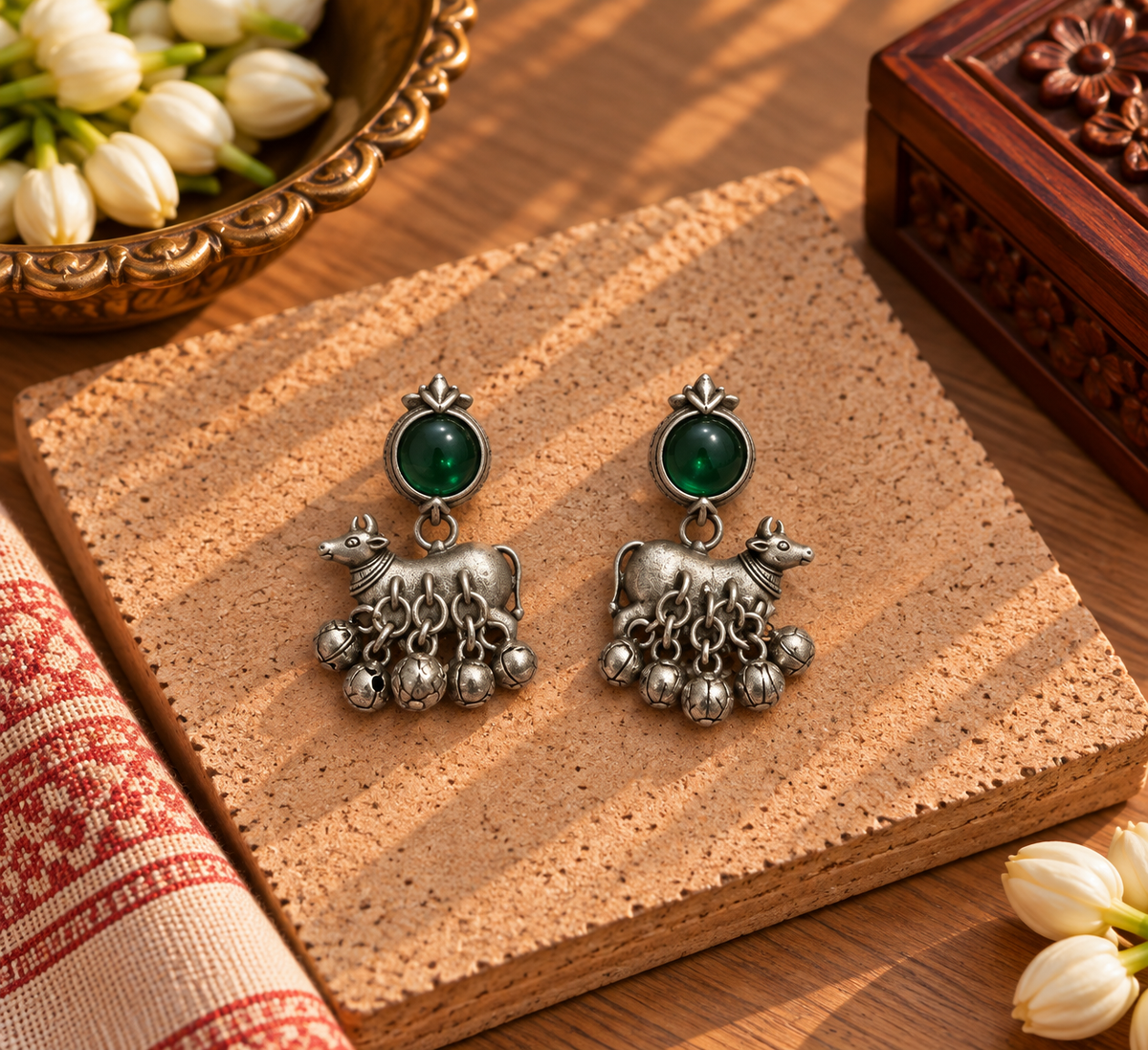 Oxidised German Silver Green Stone Nandi Ghungroo Earrings