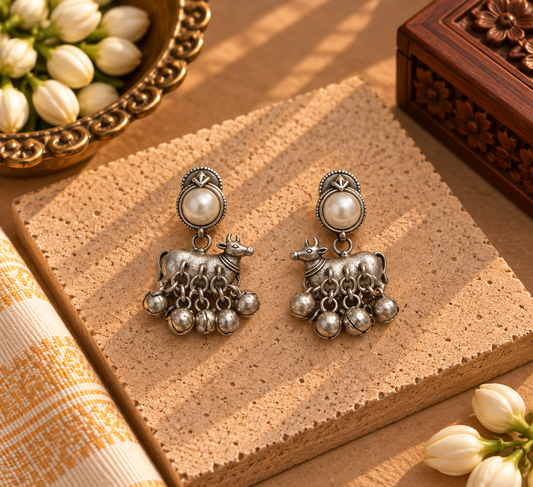 Oxidised German Silver Pearl Nandi Ghungroo Earrings