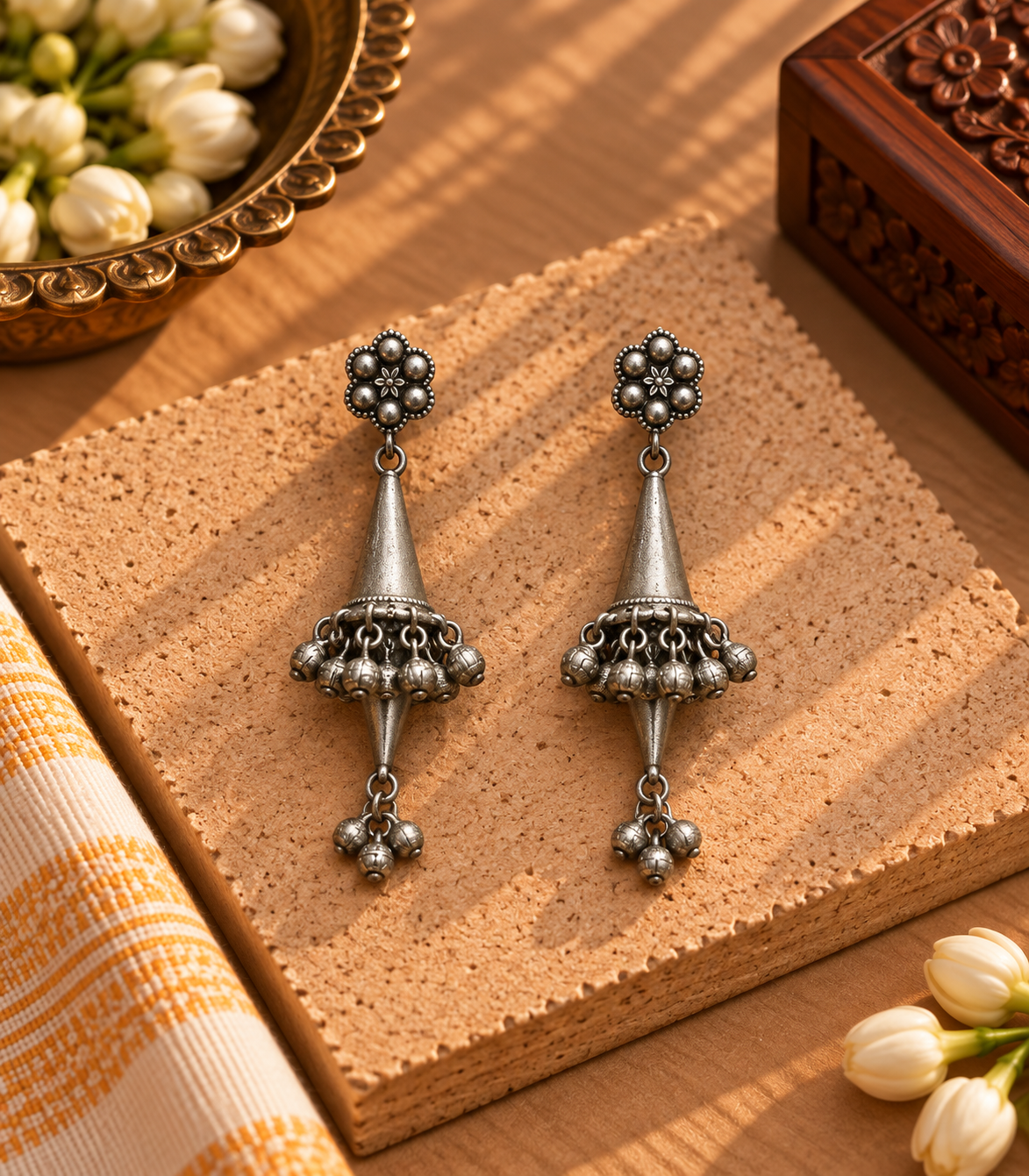 Oxidised German Silver Cone Ghungroo Long Earrings