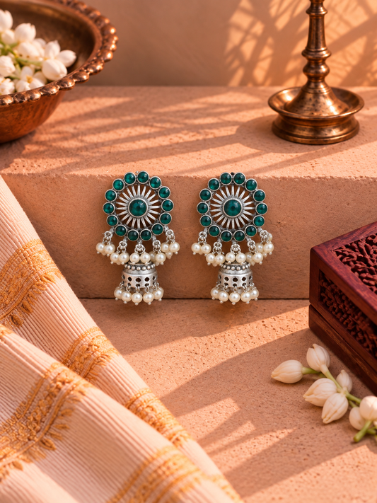 Oxidised German Silver Green Stone Pearl Jhumka Earrings