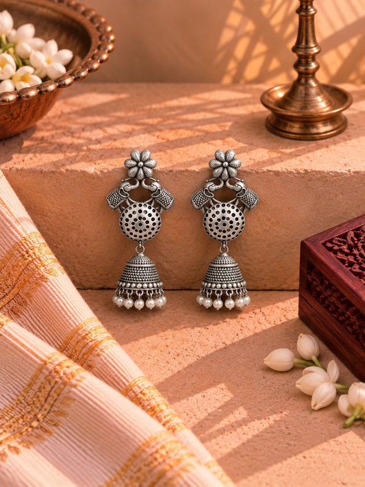 Oxidised German Silver Elephant Pearl Jhumka Earrings
