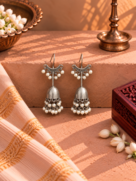 Oxidised German Silver Pearl Long Jhumka Earrings