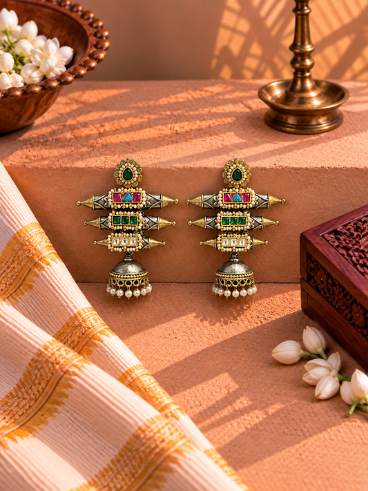 Dual-Tone German Silver Multicolour Kundan Jhumka Earrings