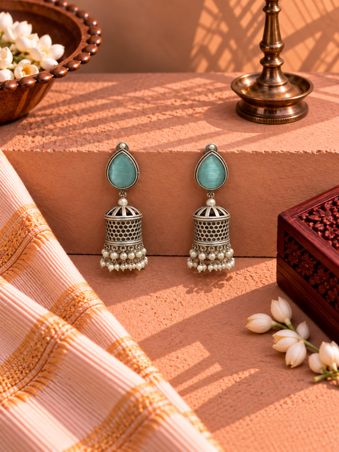 Oxidised German Silver Aqua Blue Stone Pearl Jhumka Earrings